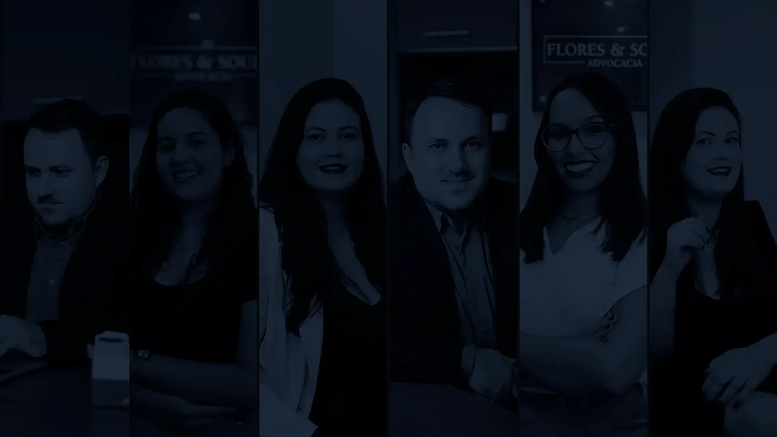 A equipe do escritório em seis retratos lado a lado, em tom azul, com o nome Flores & Souza na parede ao fundo